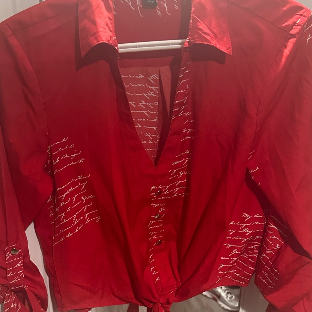 Red Button-Up Blouse with Script Design - Picture 3 of 3